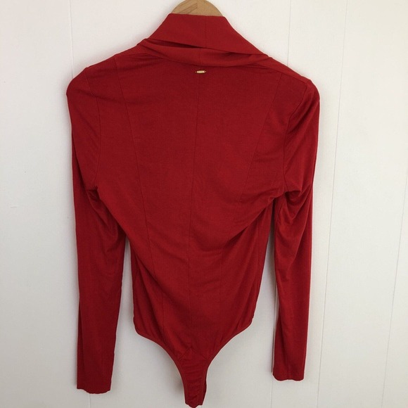 Bebe Red Deep V Body Suit Jumpsuit Sheer Front Long Sleeve One Piece Women Small - Picture 7 of 11